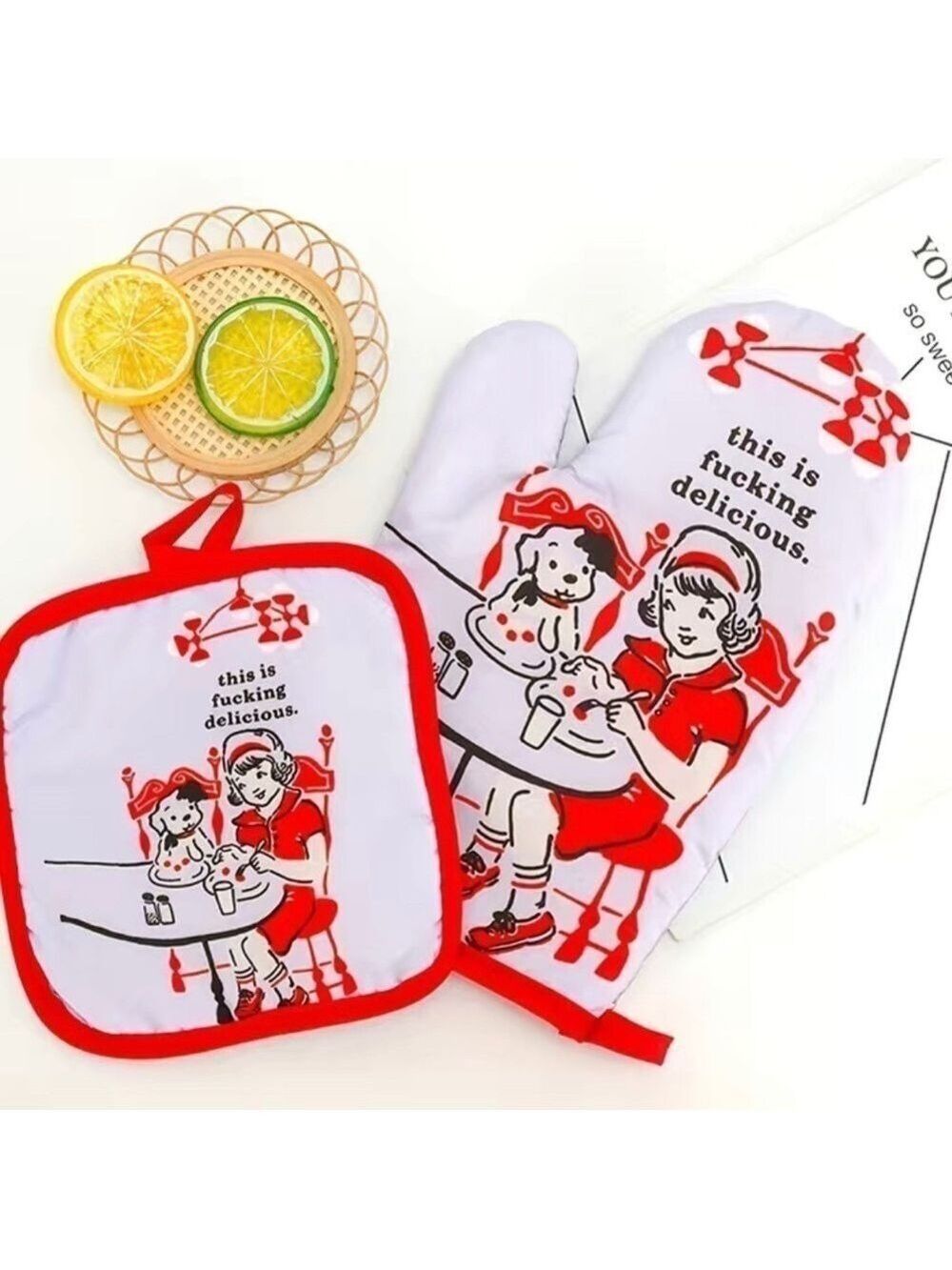 1 Set, Cotton Oven Mitts, Non-Slip Grip Printed Heat Resistant Mitts